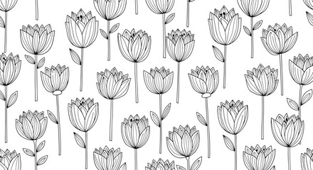 Seamless floral pattern of hand-drawn stylized lotus flowers in a simple black and white line art style for elegant backgrounds.