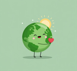 Cartoon earth with a heart in its hands, surrounded by a bright yellow sun in the background. Professional commercial content. Commercial. High-resolution. High-res. Premium quality. Premium.