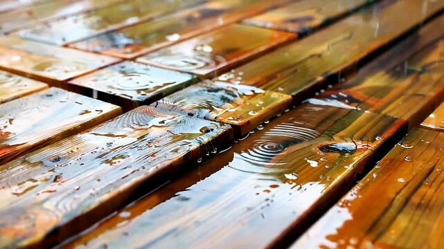 Rainy Wooden Deck Close Up With Reflections.