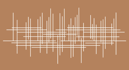 Abstract geometric background of intersecting white horizontal and vertical lines on a solid brown backdrop, creating a modern grid.