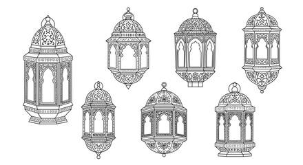 Set of ornate and detailed black and white line art illustrations of traditional Arabic lanterns, perfect for Ramadan designs.