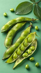 Fresh Edamame Pods and Beans on Green Surface &ndash; Healthy Plant-Based Ingredient with Natural Texture