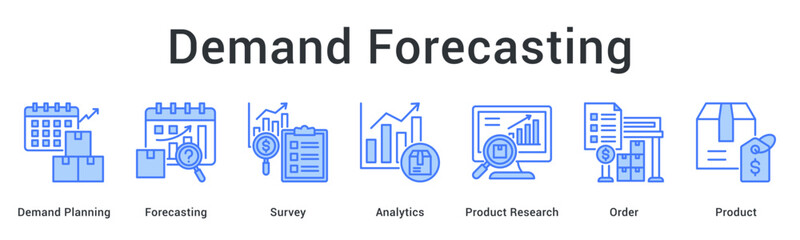 Demand forecasting banner web icon utilizing surveys and analytics for product research and order planning.