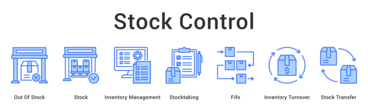 Stock control banner web icon managing shortage alerts, inventory methods, turnover ratios, and transfer operations.