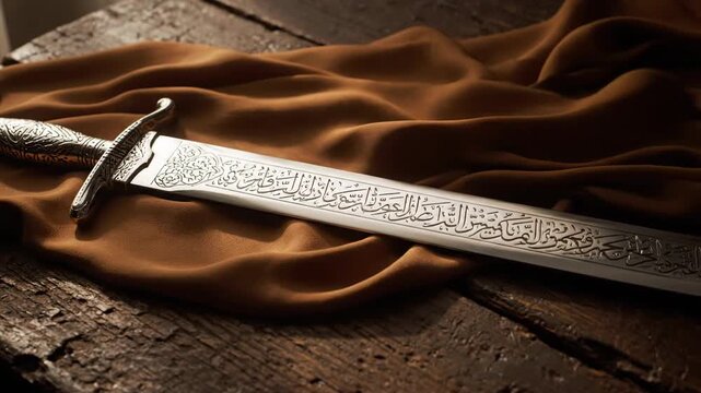 Ancient silver sword with intricate designs on a wooden surface.