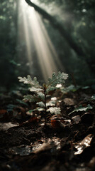 Obraz premium Small plant in the middle of a forest, surrounded by dried leaves on the ground and trees in the background. Professional commercial content. Commercial. High-resolution. High-res. Premium quality.