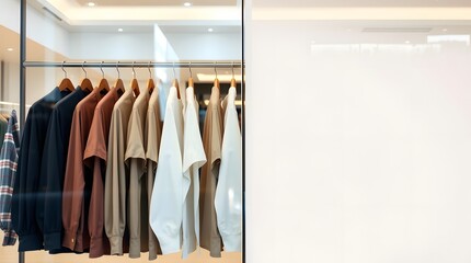 neutral colored shirts hanging in modern clothing store with blank copy space