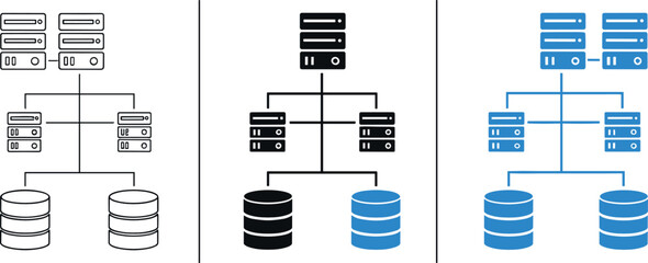 Database architecture and server hierarchy icon set vector illustration showing data storage structure, system topology, and network organization for IT infrastructure and cloud computing design