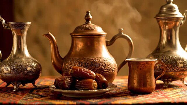 Traditional Page Setup with Copper Tea Set and Dates on Ornate Tablecloth.