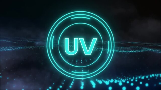 Cyan neon circle with UV text and digital wave background with glowing particles ultraviolet light