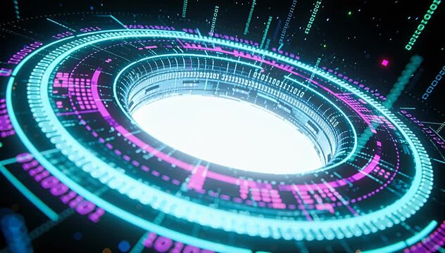 Abstract digital portal with binary code and glowing neon rings data flow loop digital abstract, technology.