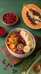 Colorful Fruit Bowl with Kiwi, Papaya, Banana, and Red Currants &ndash; Fresh Tropical Arrangement on Wooden Board