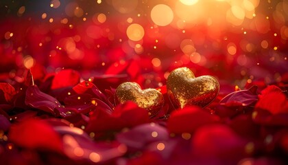 Golden Hearts on Red Rose Petals with Romantic Bokeh Lights - A Symbol of Love and Celebration
