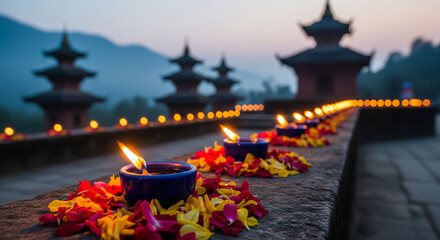 Colorful garlands and glowing lamps adorn Hindu temples at dusk