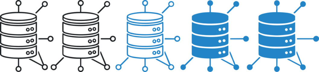 Database network connection icon set vector illustration showing data servers with linked nodes for cloud computing, data exchange, IT infrastructure, and digital system architecture design