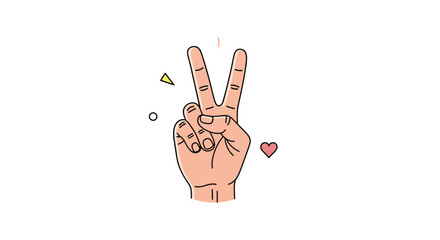 Modern illustration of a hand showing a peace sign gesture, surrounded by colorful abstract shapes for a positive, fun vibe.
