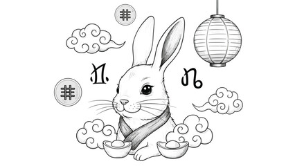 Cute rabbit in zodiac sign surrounded by clouds and lantern, Generative AI.
