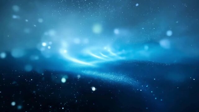 Glowing blue particles and aurora waves flowing in space. Magical stardust background for fantasy and sci-fi projects.