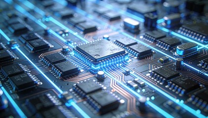 Close up of glowing blue circuit board pathways and central processor chip with detailed components. - Powered by Adobe