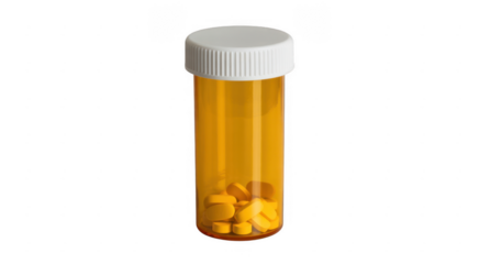 Amber pill bottle with white cap and yellow pills amber bottle isolated on a transparent background