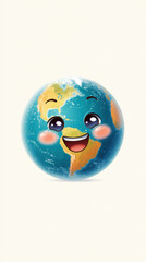 Cartoon globe with a smiley face on it, set against a white background. Professional commercial content. Commercial. High-resolution. High-res. Premium quality. Premium. Professional grade. Quality.