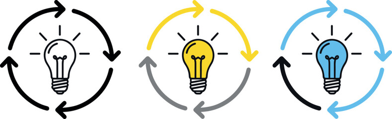 Creative idea cycle and innovation process icon set vector illustration showing light bulb concepts with circular arrows for brainstorming, problem solving, and continuous improvement design