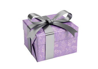 Fototapeta premium Angled purple gift box with silver ribbon and bow present isolated on a transparent background
