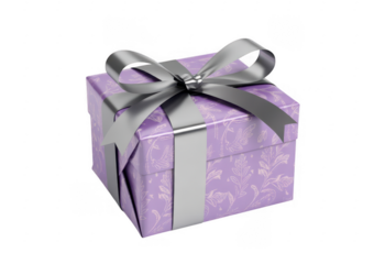 Angled purple gift box with silver ribbon and bow present isolated on a transparent background