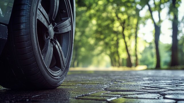 Rainy Day Road Tire Close-Up