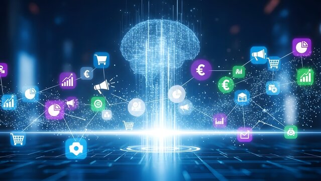 A futuristic digital brain with various icons and symbols surrounding it - Powered by Adobe