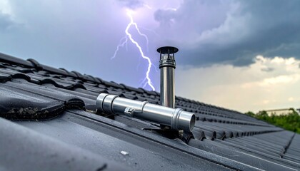 Lightning rod on a house roof during a severe thunderstorm. Lightning strike captured near the protection system. Electrical discharge concept.