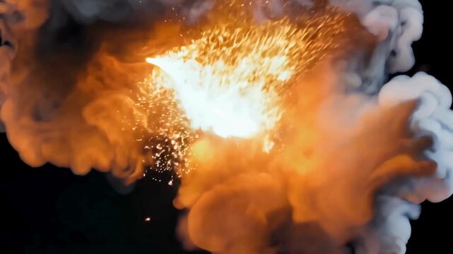Realistic 3D simulation of a projectile hitting a target causing a large fireball explosion with billowing black smoke.