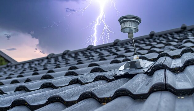 Lightning rod on a house roof during a severe thunderstorm. Lightning strike captured near the protection system. Electrical discharge concept.