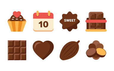 Valentines chocolate sweets icons, cupcake dessert, caramel truffle, love heart, calendar reminder, sweet label, romantic party invitation, bakery festival vector