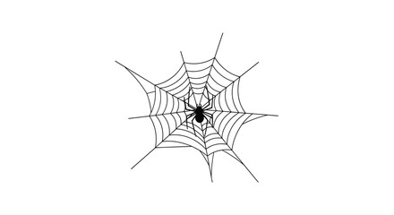 Minimalist black and white line art illustration of a spider in the center of its web, isolated on a white background.