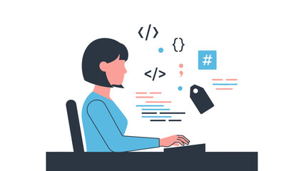 Woman coding at desk with programming symbols floating around her, illustrating software development and web design.