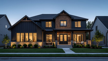 Real estate photography of a suburban house exterior after a full renovation. Modern black siding mixed with light wood accents, new large black-frame windows, elegant front door