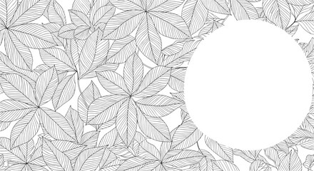 Black and white background of hand-drawn chestnut leaves with a blank white circle in the corner for text or a logo.