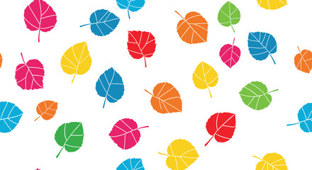Seamless background pattern of colorful, crayon-textured leaves scattered randomly, perfect for autumn or spring designs and kids' projects.