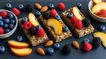 Colorful granola bars with fresh fruits