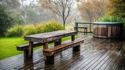 Fototapeta premium Rainy Backyard Wooden Deck with Picnic Table and Hot Tub
