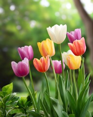 A vibrant bouquet of tulips in various colors, standing tall amidst lush greenery, showcasing the beauty of spring.