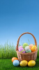 A colorful basket filled with decorated Easter eggs sits on lush green grass under a clear blue sky, symbolizing spring and festive celebrations.