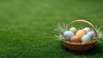 A wicker basket filled with colorful Easter eggs sits on a vibrant green grass background, evoking a festive spring atmosphere.