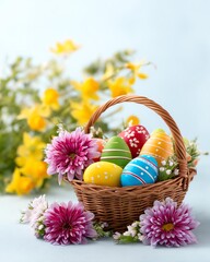 A vibrant basket filled with decorated Easter eggs and colorful flowers, set against a soft background, creating a cheerful spring atmosphere.