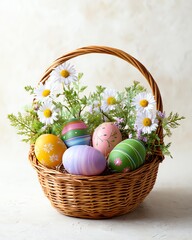 A colorful Easter basket filled with decorated eggs and fresh daisies, symbolizing spring and celebration.