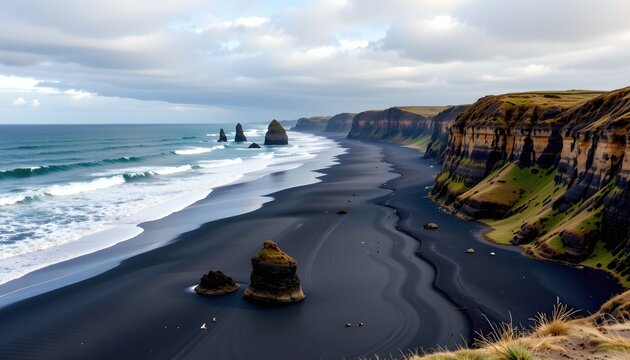 A dramatic coastal landscape featuring black sand beaches and cliffs with lush greenery along the shoreline of the Pacific Ocean - Powered by Adobe