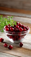 A clear glass bowl filled with fresh, vibrant red cranberries, surrounded by green herbs on a rustic wooden surface.