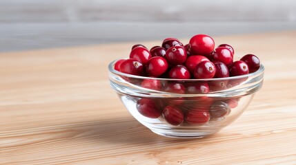 A bowl filled with vibrant red cranberries sits on a wooden surface, showcasing their glossy texture and freshness.