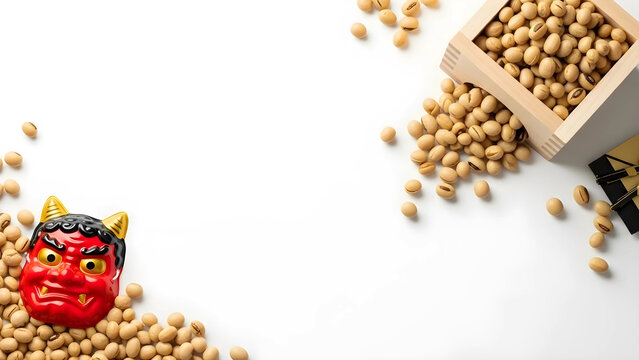 節分の豆まきと枡に鬼の面を配置した和風フレーム素材 白背景 16:9